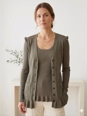 Burberry Olive Green Silk Ribbed Cardigan and Tank Twinset - Medium